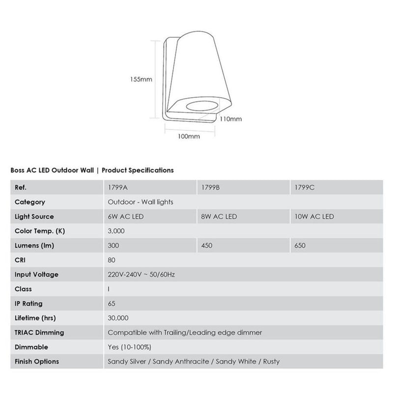 Boss Wall Outdoor AC LED, Sandy Anthracite - matchless style